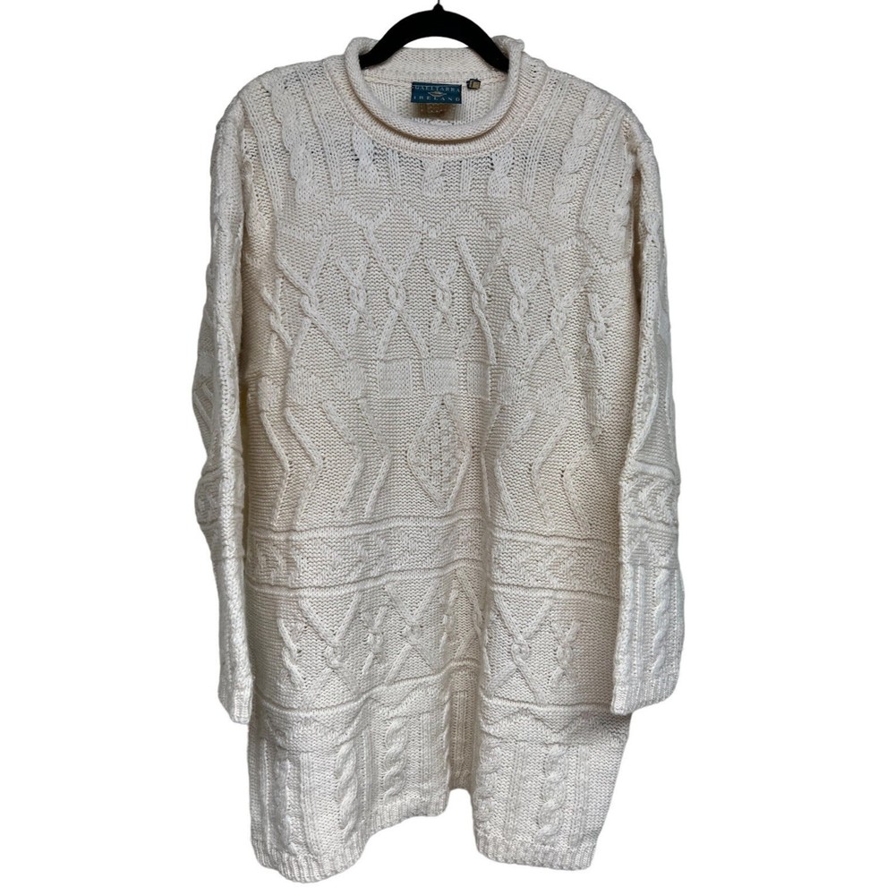 Gaeltarra Ireland Cable Knit Crew Neck Men's Wool Sweater‎ Cream Size Large
